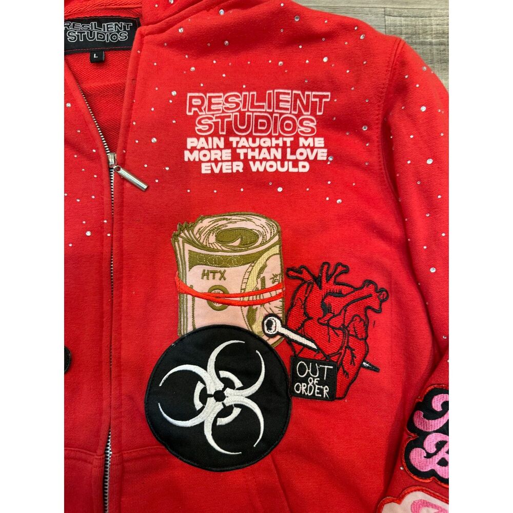 Resilient Studios Rhinestone Zip Sweatshirt Jacket Red L - Picture 5 of 8